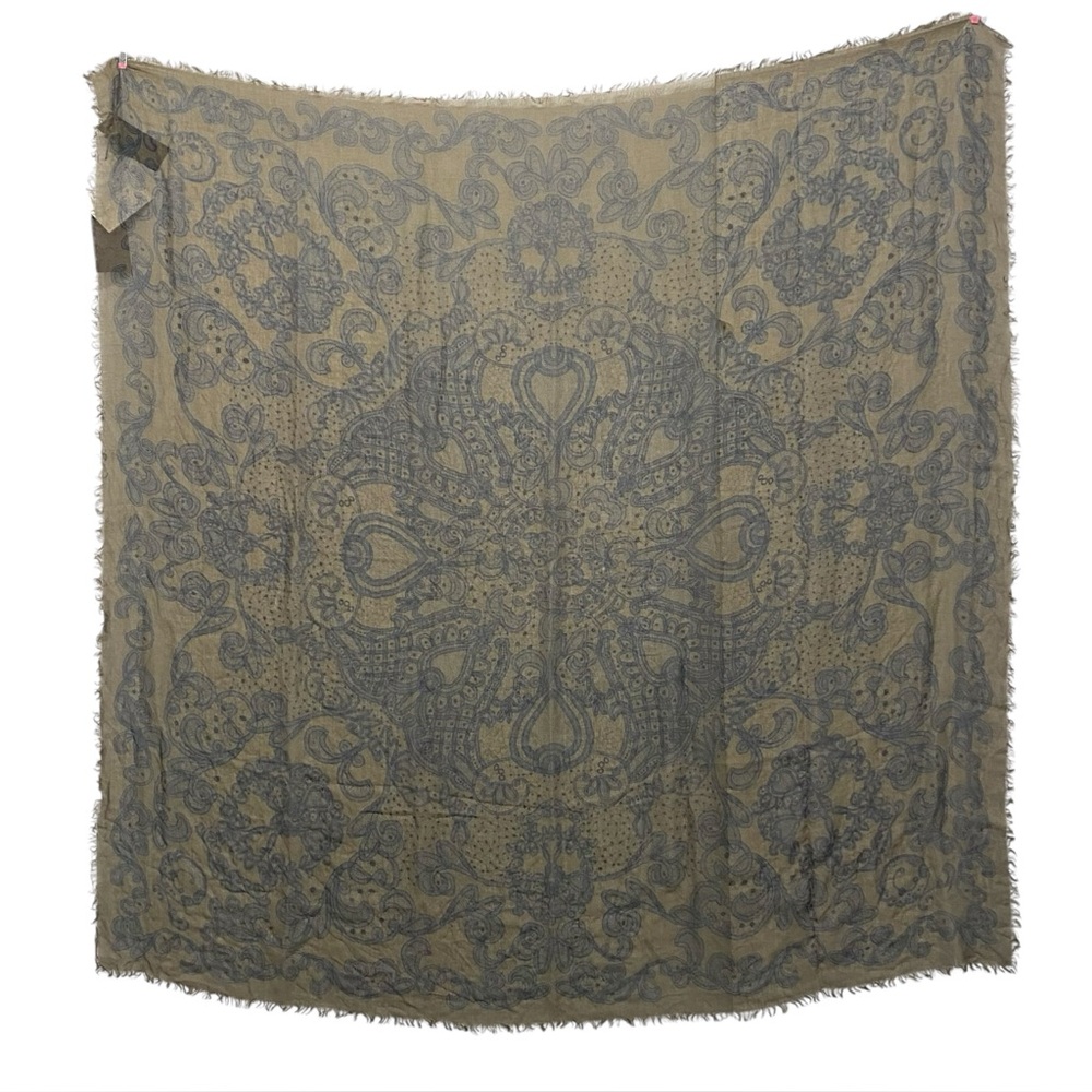 NWT Alexander McQueen Circle Lace Skull Wool/Cotton Brown/Khaki Scarf 140x140